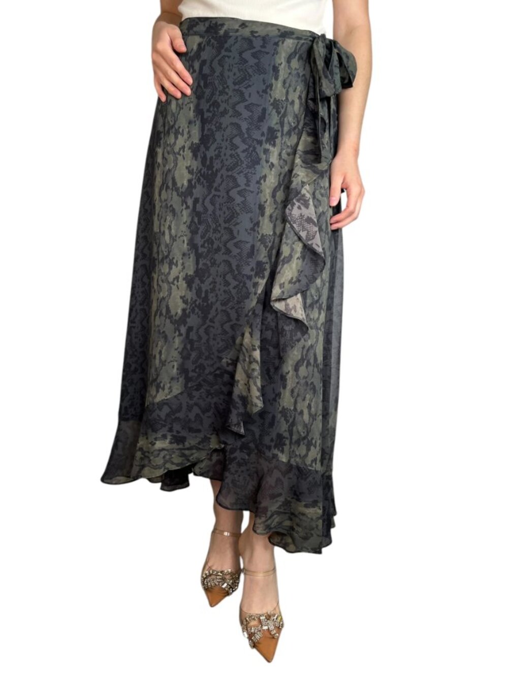 All Saints Cosmo Masala Ruffle Wrap Maxi Skirt Forest Green Snake Print Size 6